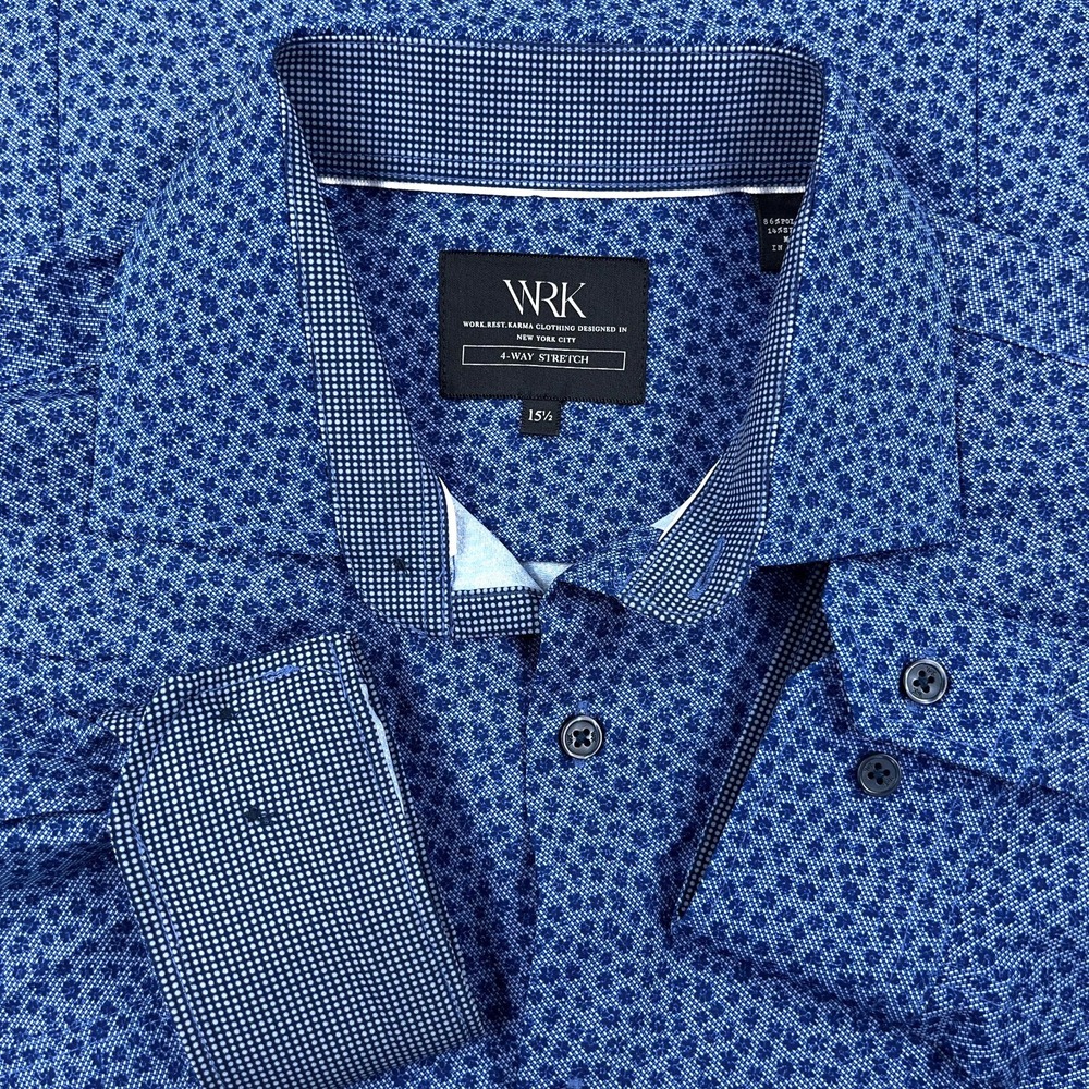 WRK Shirt Men 15.5 Medium Blue  Floral Button Up Performance Flip Cuff
